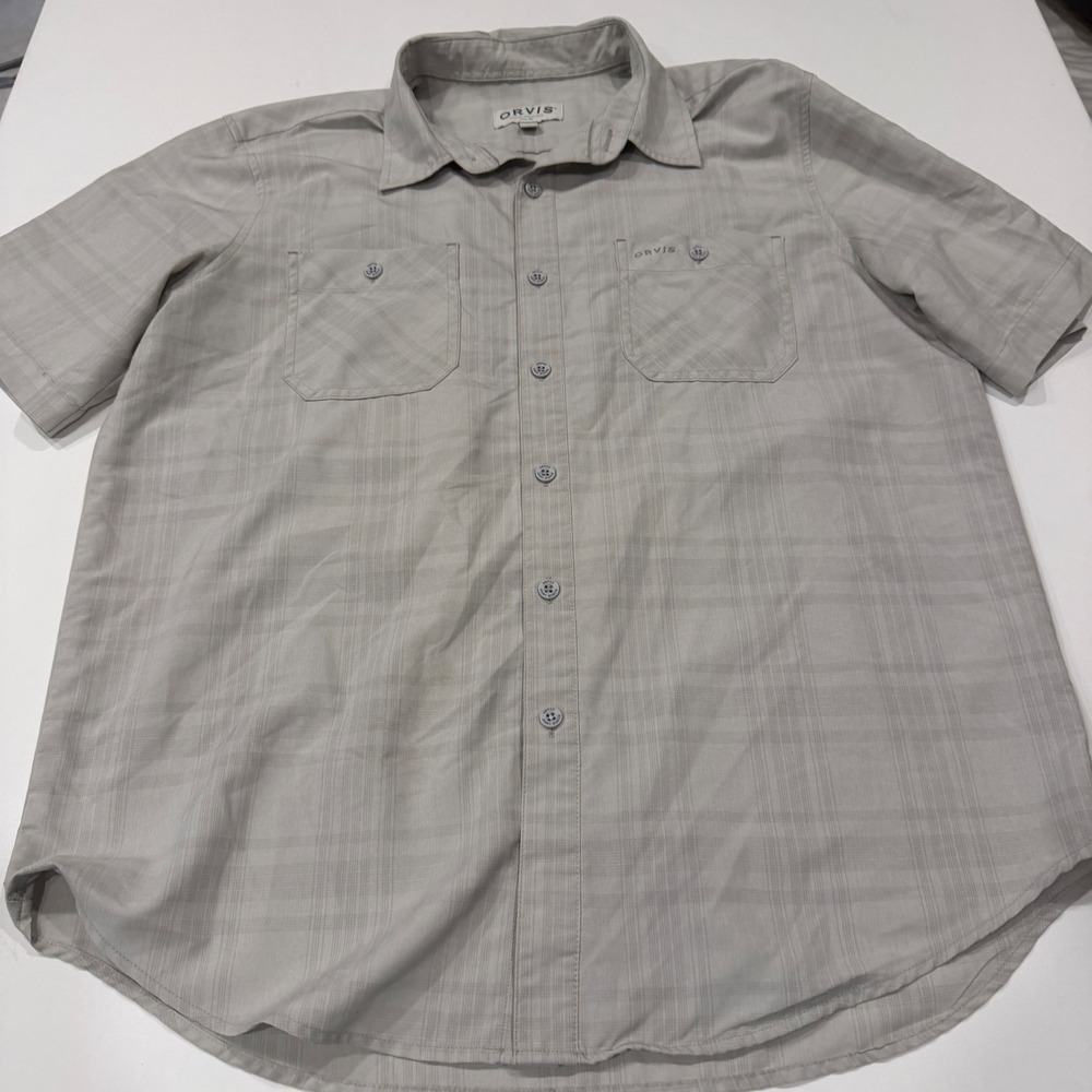 Orvis Mens Large Gray Plaid Short Sleeve Button Down Fishing Hiking Shirt